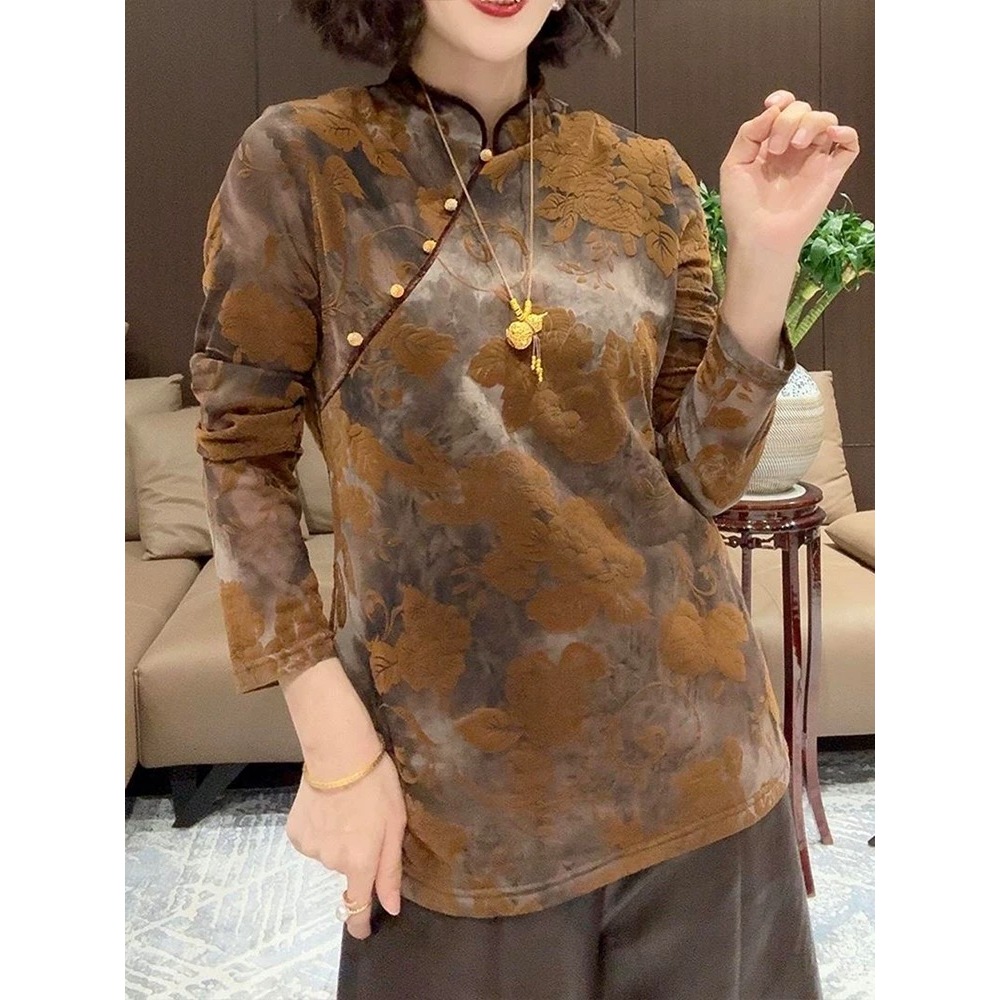 【植绒牡丹】加绒新中式国风改良款旗袍领斜襟提花保暖小上衣国潮