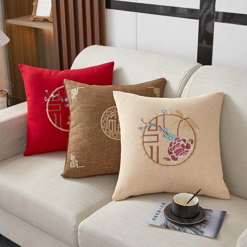 新中式古典荷花福字刺绣抱枕套加厚棉麻高级靠垫中国风靠枕可拆洗