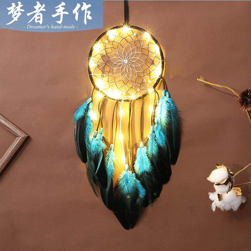 外贸新款创意蓝色羽毛捕梦网挂件 diy捕梦网风铃挂件跨境