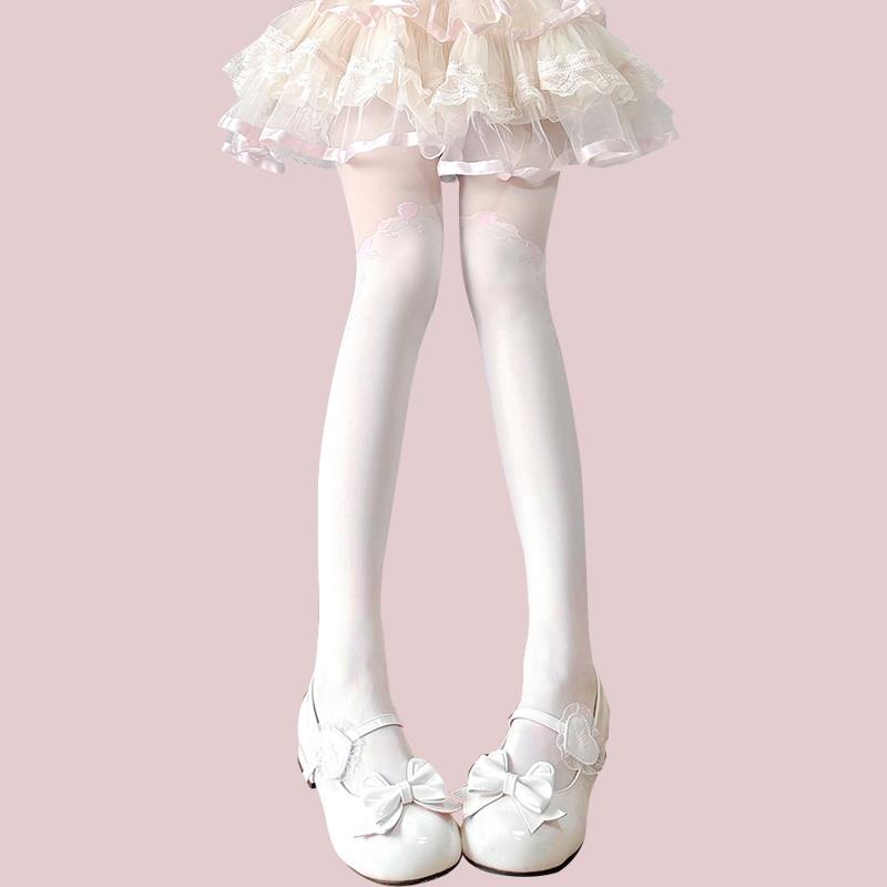 Lolita粉玫瑰拼接丝袜女春夏薄款奶白色连裤袜纯欲白丝jk打底袜子