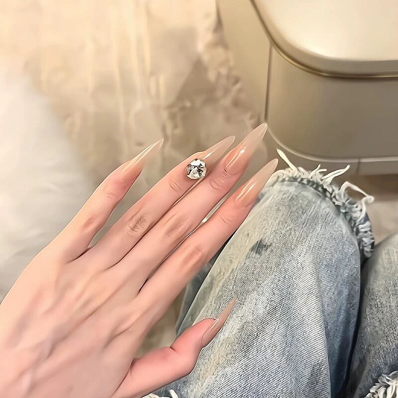 手工穿戴甲冰透裸色爆闪钻球成品美甲贴片自然显白中长款婚甲网红