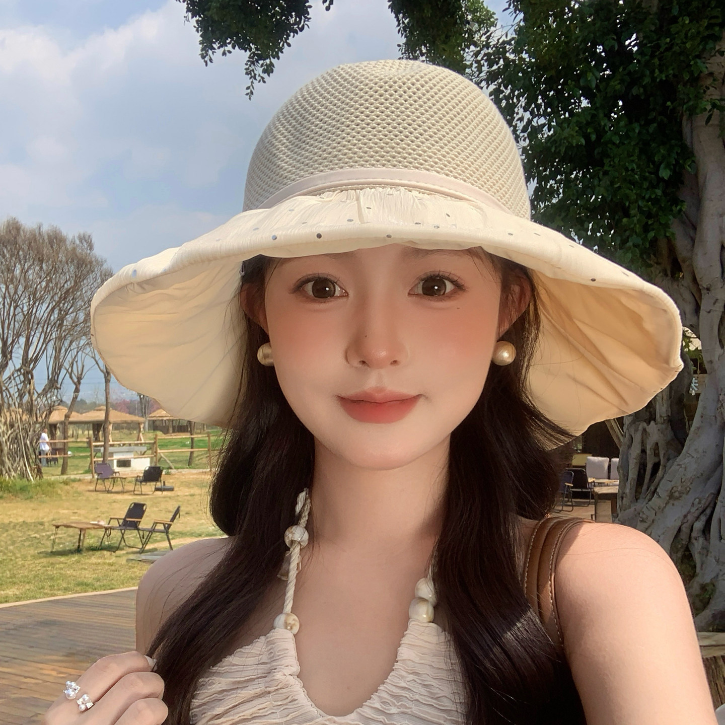 夏季女大檐渔夫帽透气遮阳亮片