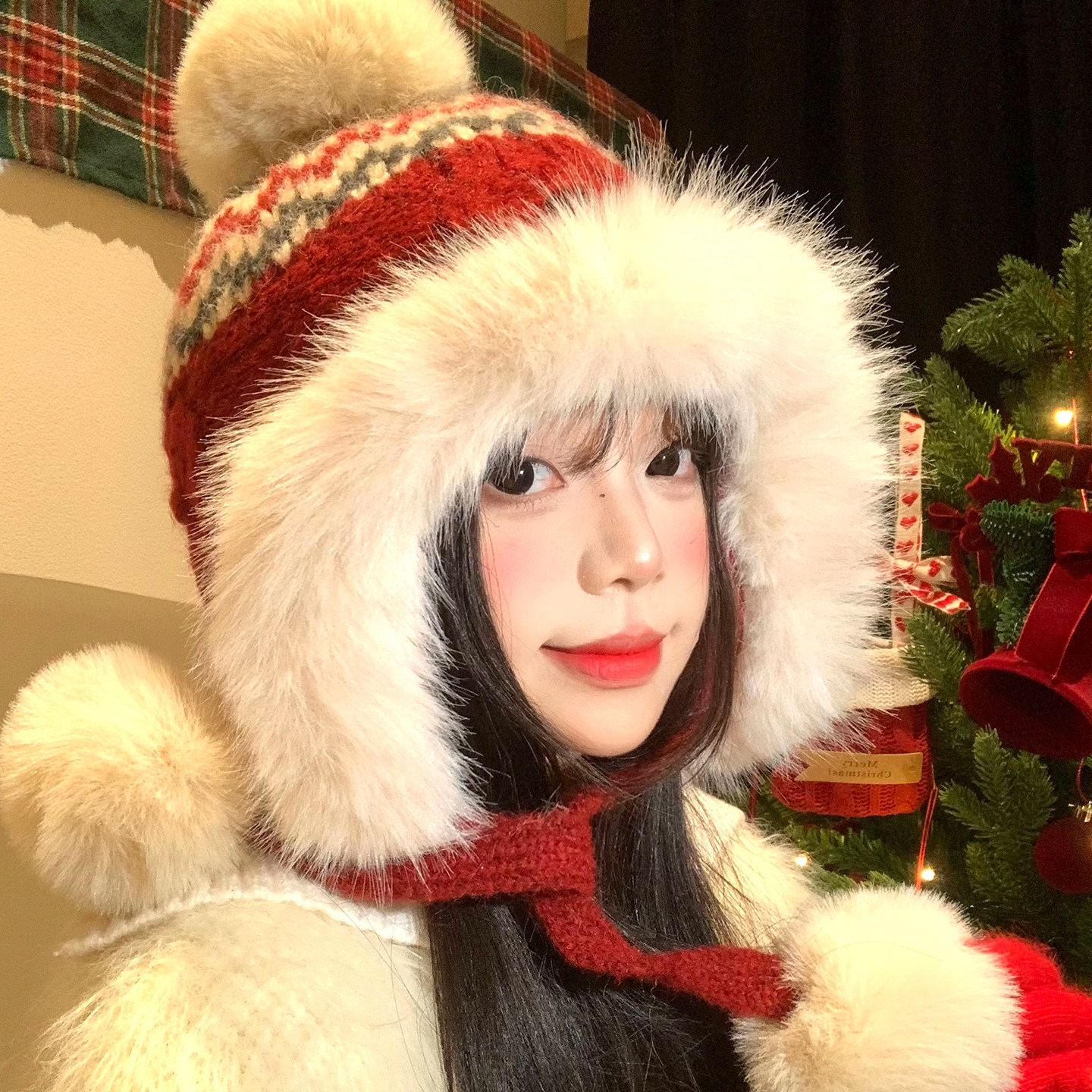 圣诞风毛球针织雷锋帽女冬季东北毛绒毛线帽加厚保暖防寒护耳帽子,服饰配件/皮带/帽子/围巾,帽子,淘宝优惠券,粉丝福利购,淘宝优惠卷