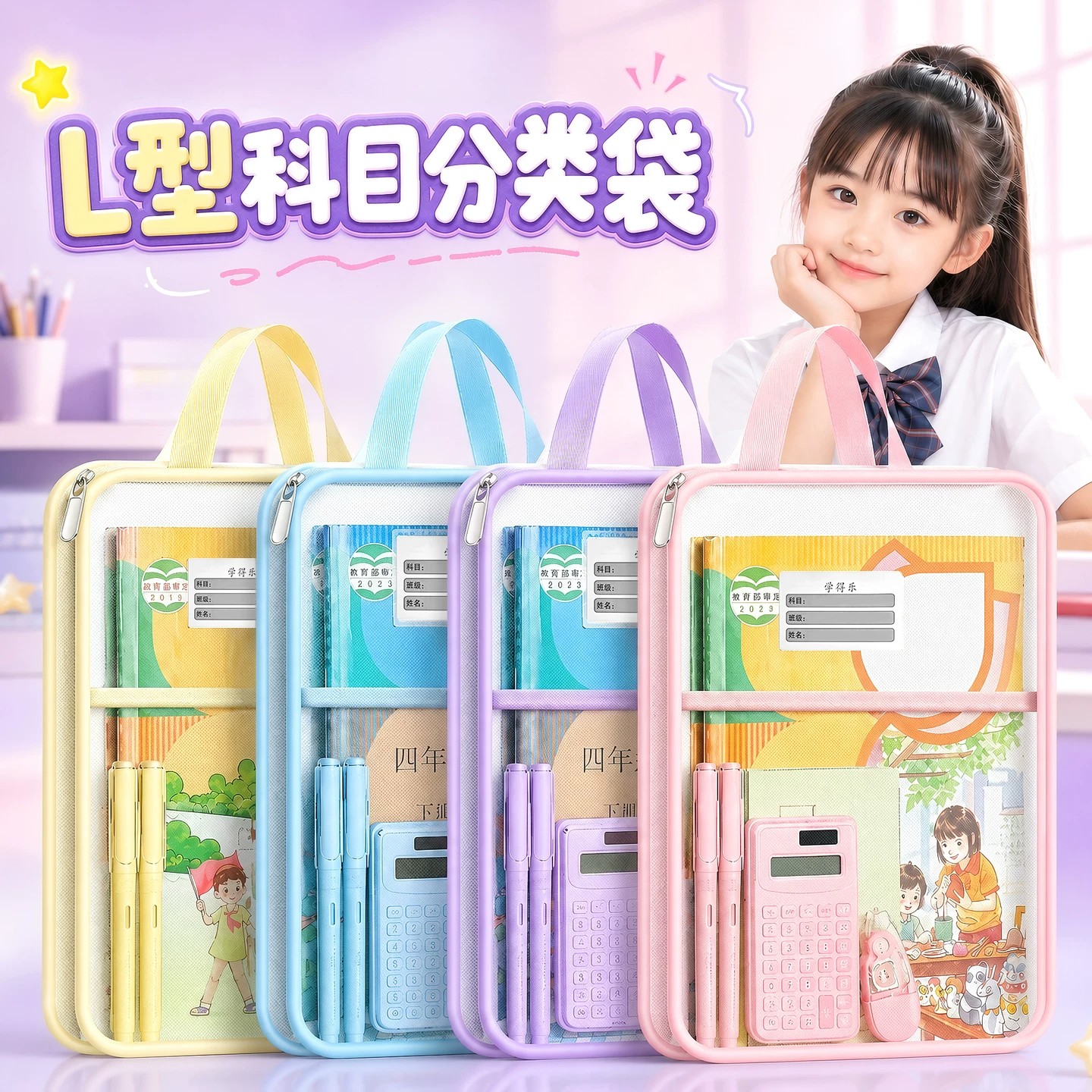 L型手提透明拉链小学生科目袋