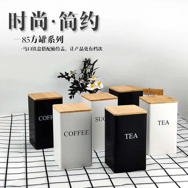 跨境竹盖TEA,COFFEE,SUGAR三个组合套装茶叶咖啡果茶糖果马口铁盒