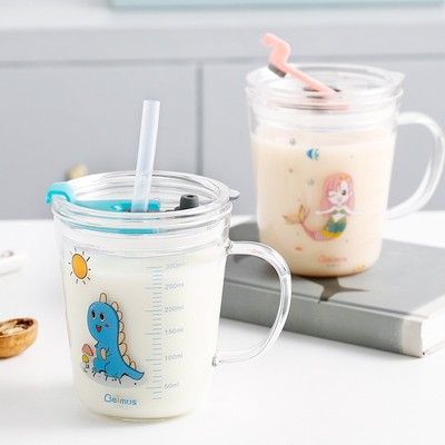 贝姆士儿童牛奶杯带刻度玻璃喝奶吸管杯微波可加热宝宝冲奶粉