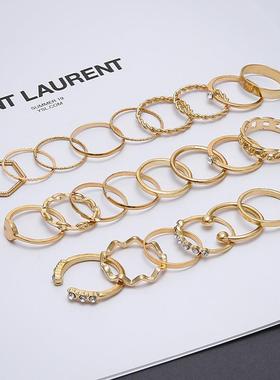 跨境热销镶钻波浪戒指23件套菱形开口麻花戒指指环食指关节尾戒女