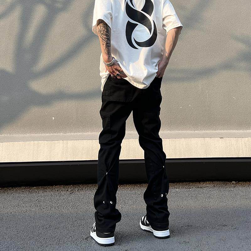 高街vibe裤子黑色纽扣牛仔裤男美式复古直筒修身微喇cleanfit长裤