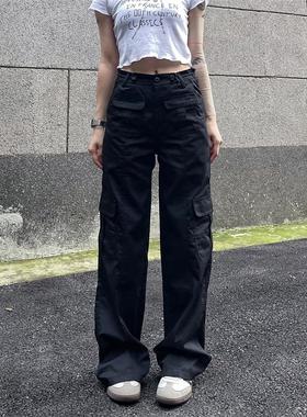 BAOER美式复古窄版工装裤女黑色vibe直筒多口袋辣妹伞兵休闲裤子