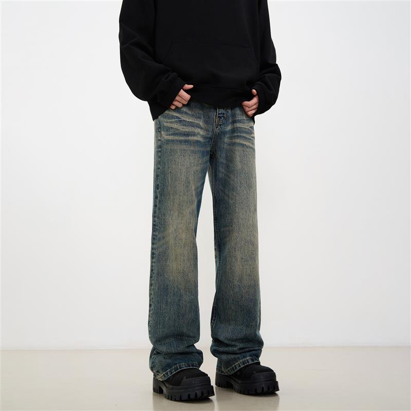 KISKO美式高街水洗做旧黄泥微喇牛仔裤男潮直筒显瘦cleanfit裤子