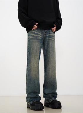 KISKO美式高街水洗做旧黄泥微喇牛仔裤男潮直筒显瘦cleanfit裤子