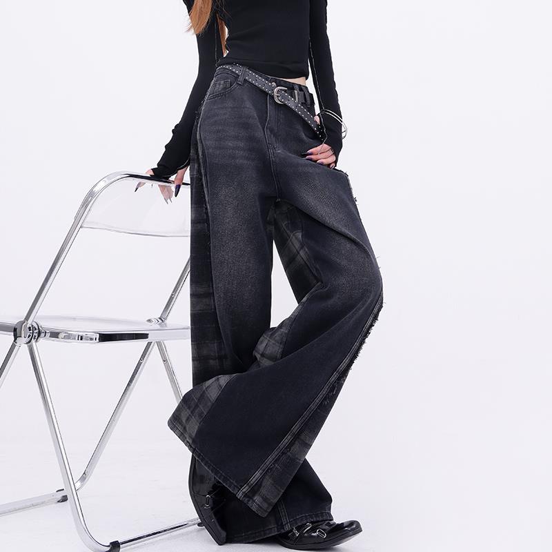 【蜜蜂服饰店】KENH复古格纹撞色拼接秋冬新款抓毛直筒阔腿牛仔裤