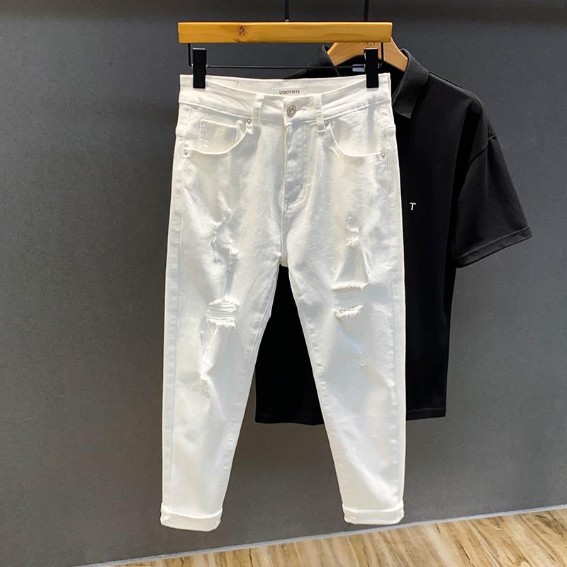 秋季白色破洞乞丐九分牛仔裤男潮牌弹力休闲修身小脚9分裤子韩版