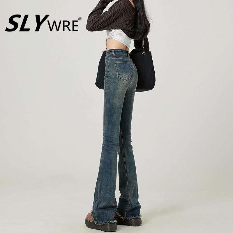 韩国SLY WRE喇叭牛仔裤女高腰春秋水泥灰时尚显瘦马蹄裤微喇裤子