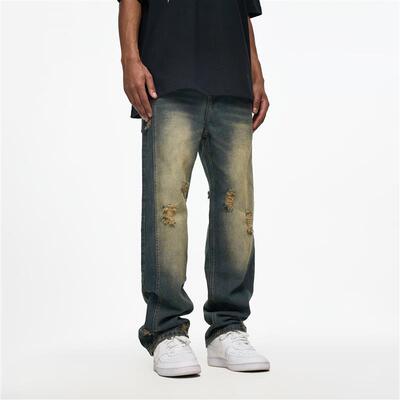 YORAINBOW 美式街头复古水洗做旧破洞牛仔裤男女宽松直筒阔腿拖地