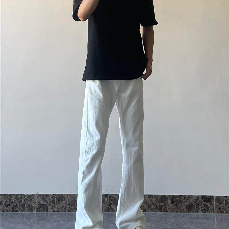 E23美式微喇白色牛仔裤潮牌显瘦高个子长裤男高街直筒修身裤子男