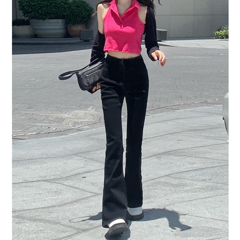 MNVZ黑色牛仔裤女加绒新款辣妹穿搭喇叭裤高腰显瘦拖地裤子阔腿潮