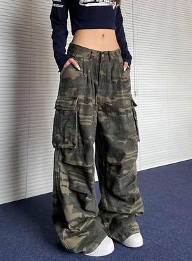 apocket美式复古褶皱多口袋迷彩工装裤女潮牌街头直筒堆积感裤子