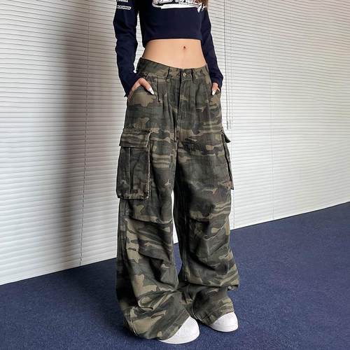 apocket美式复古褶皱多口袋迷彩工装裤女潮牌街头直筒堆积感裤子