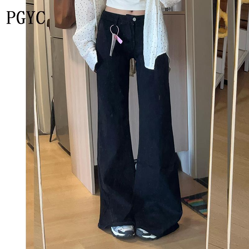 美式辣妹微喇牛仔裤女2024秋冬新款低腰宽松不贴腿弹力超级黑牛潮