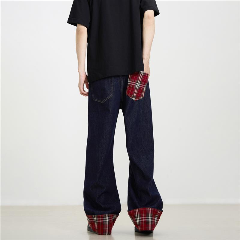 KISKO新款美式格子拼接设计牛仔裤男女复古宽松廓形垂感休闲裤子