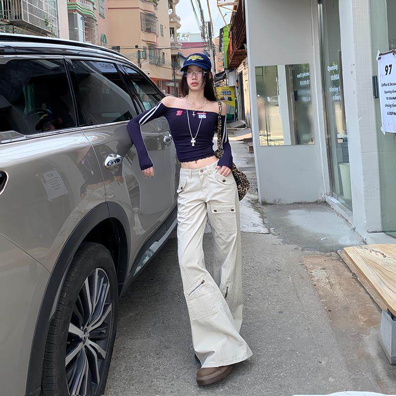 HLOU秋冬季新款美式设计感多口袋微喇直筒高腰牛仔裤女拖地工装裤