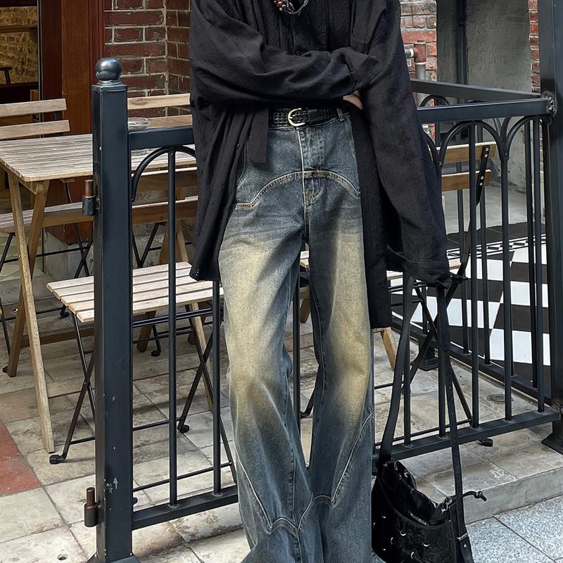 以休眠 经典复古小众结构设计怀旧水洗做旧微喇叭牛仔裤长裤