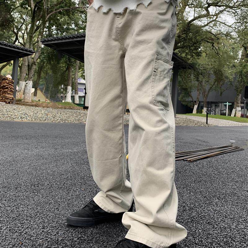 07QWER 四季通勤潮美式工装牛仔裤宽松直筒大口袋休闲裤