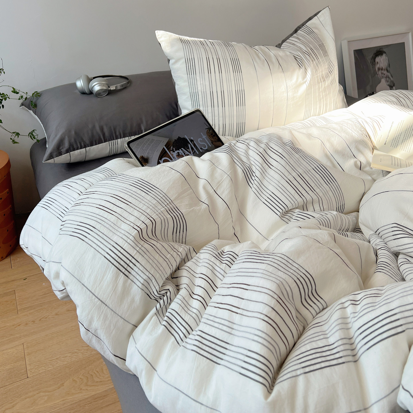 简约全棉床上四件套四季款亲肤提花水洗棉男生高级感被套床单床品