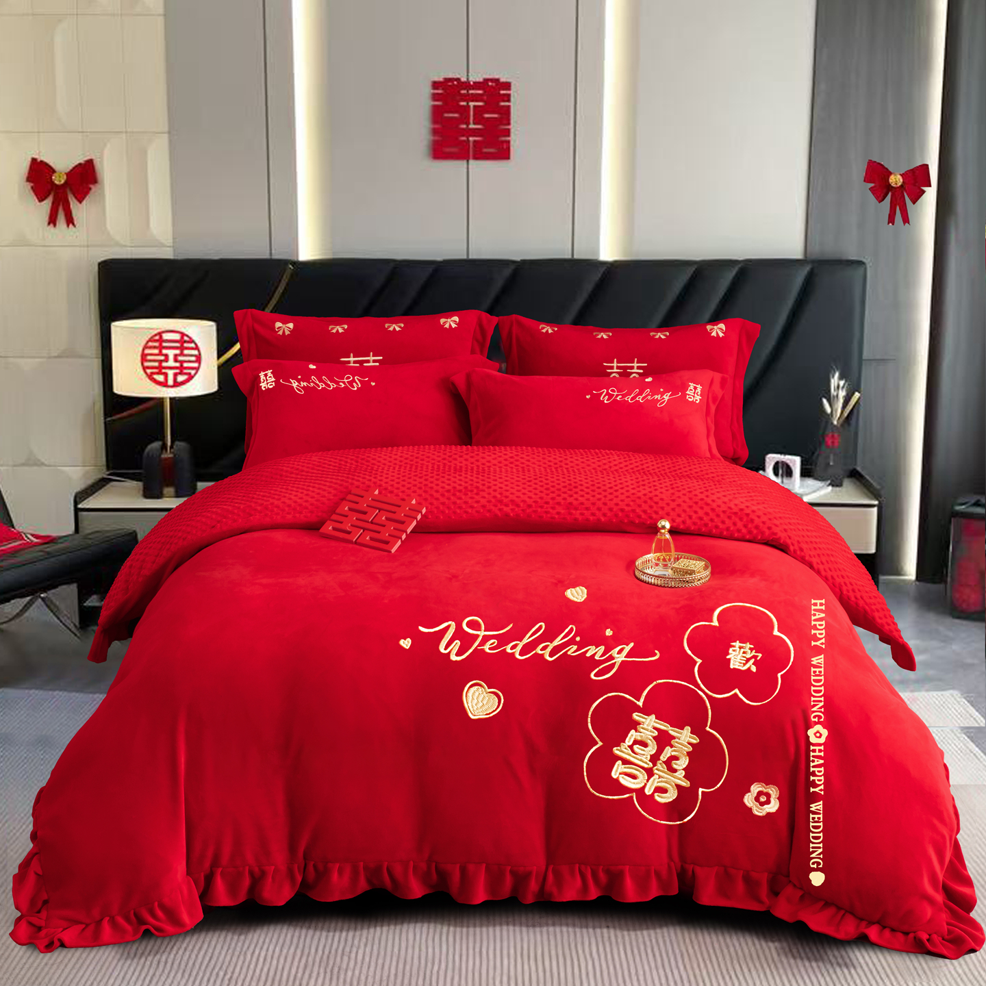牛奶绒婚庆四件套2025新冬季加厚款豆豆绒珊瑚绒结婚红色被套喜被