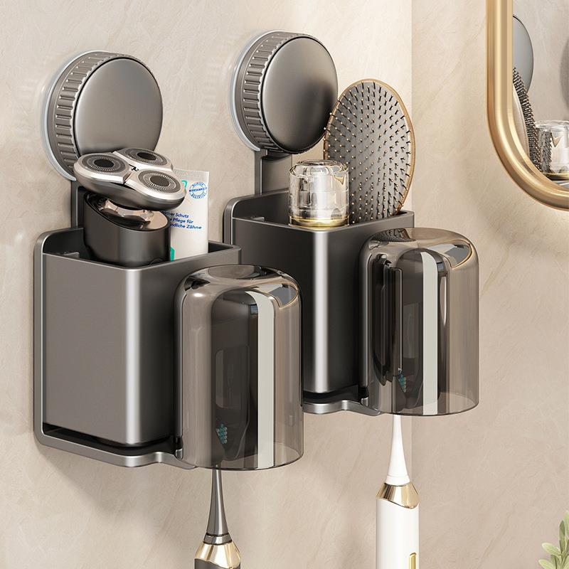 卫生间吸盘牙刷置物架壁挂式浴室收纳牙杯漱口杯电动牙刷牙膏架子