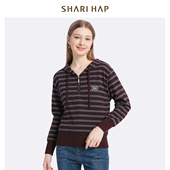 女洋气秋冬新款 SHARI HAP连帽针织条纹衫 套头上衣
