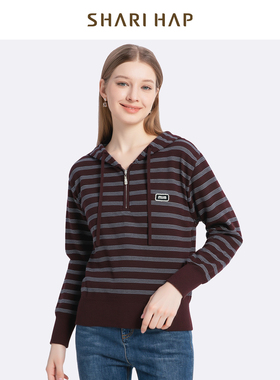 SHARI HAP连帽针织条纹衫女洋气秋冬新款套头上衣
