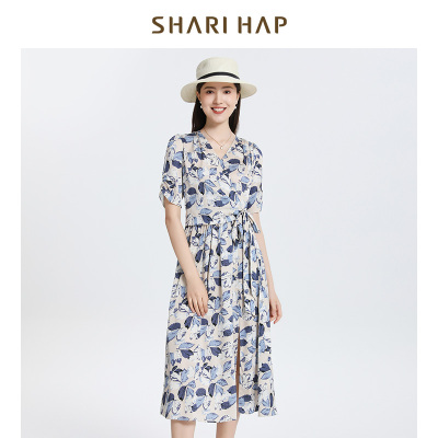 SHARI HAP真丝V领连衣裙中长款高端优雅印花桑蚕丝裙子