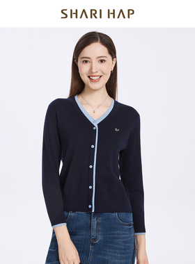 SHARI HAP洋气拼接V领针织套头衫女秋冬新款时尚百搭打底衫
