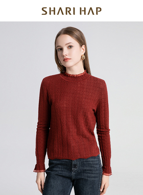 SHARI HAP莎瑞安哥拉红半高领针织打底衫女2024秋装新款内搭上衣