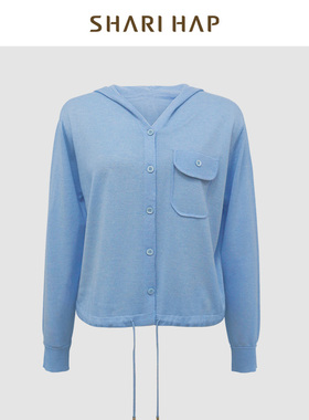 SHARI HAP洋气减龄浅蓝色连帽针织衫女春装新款长袖上衣