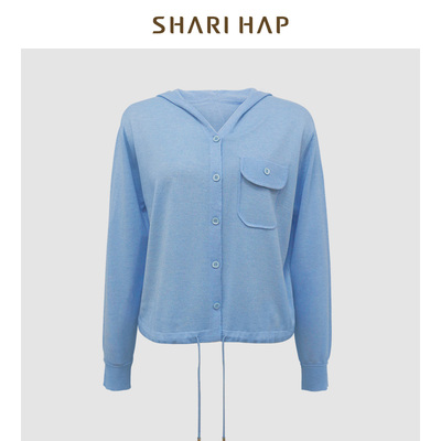 SHARI HAP洋气减龄浅蓝色连帽针织衫女春装新款长袖上衣