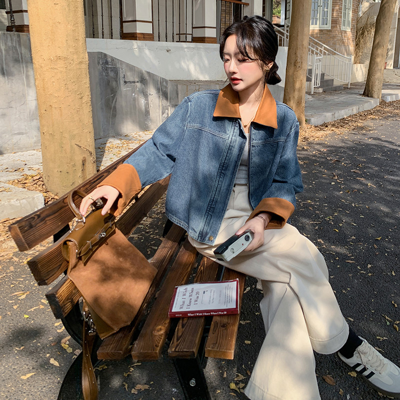 橘色拼接牛仔外套女春秋2025新款短款小个子美式爆款时髦超好看,女装短外套,2C211