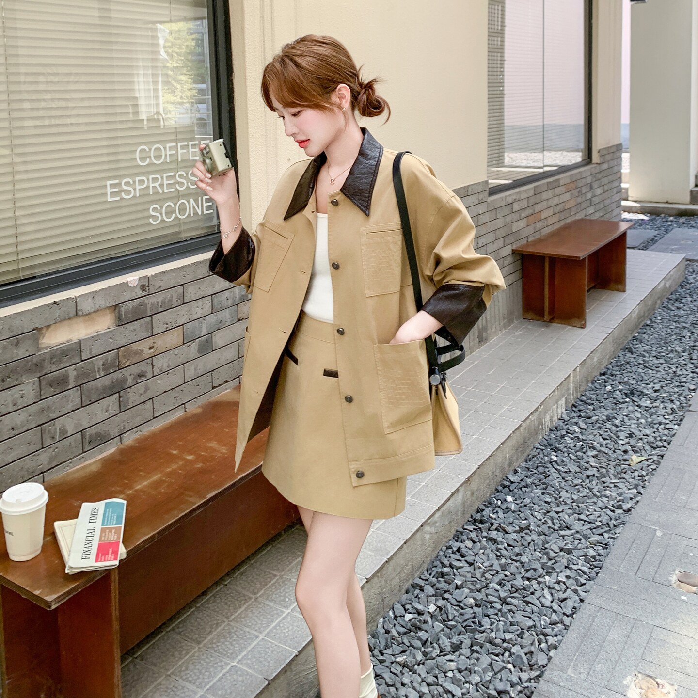 新品25秋拼皮风衣外套+半身裙套装2C211-983-P195控278,女装套装/套裙,2C211