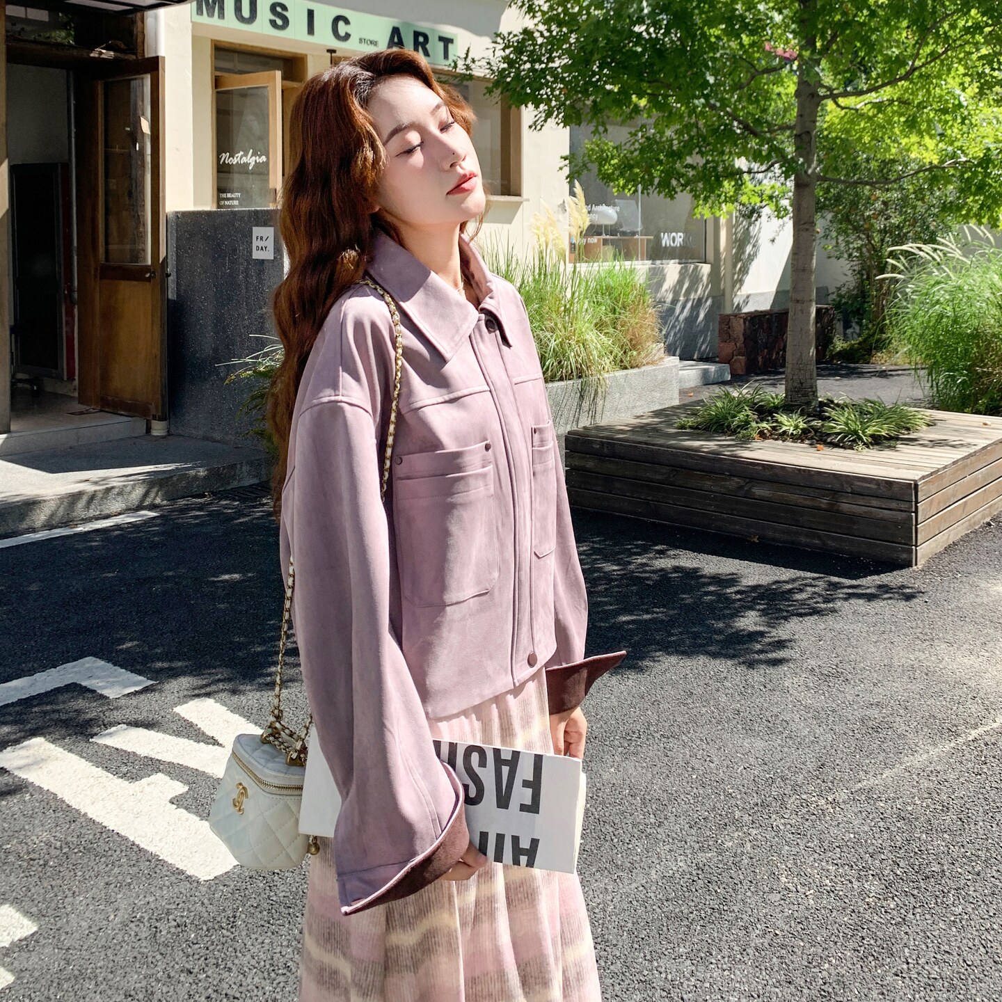 超好看紫色条纹背心连衣裙两件套女2025秋季新款甜酷风麂皮绒外套,女装套装/套裙,2C211