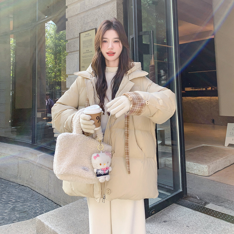 新品90绒格子撞色中长款羽绒服2C211-9850-P325控478图片