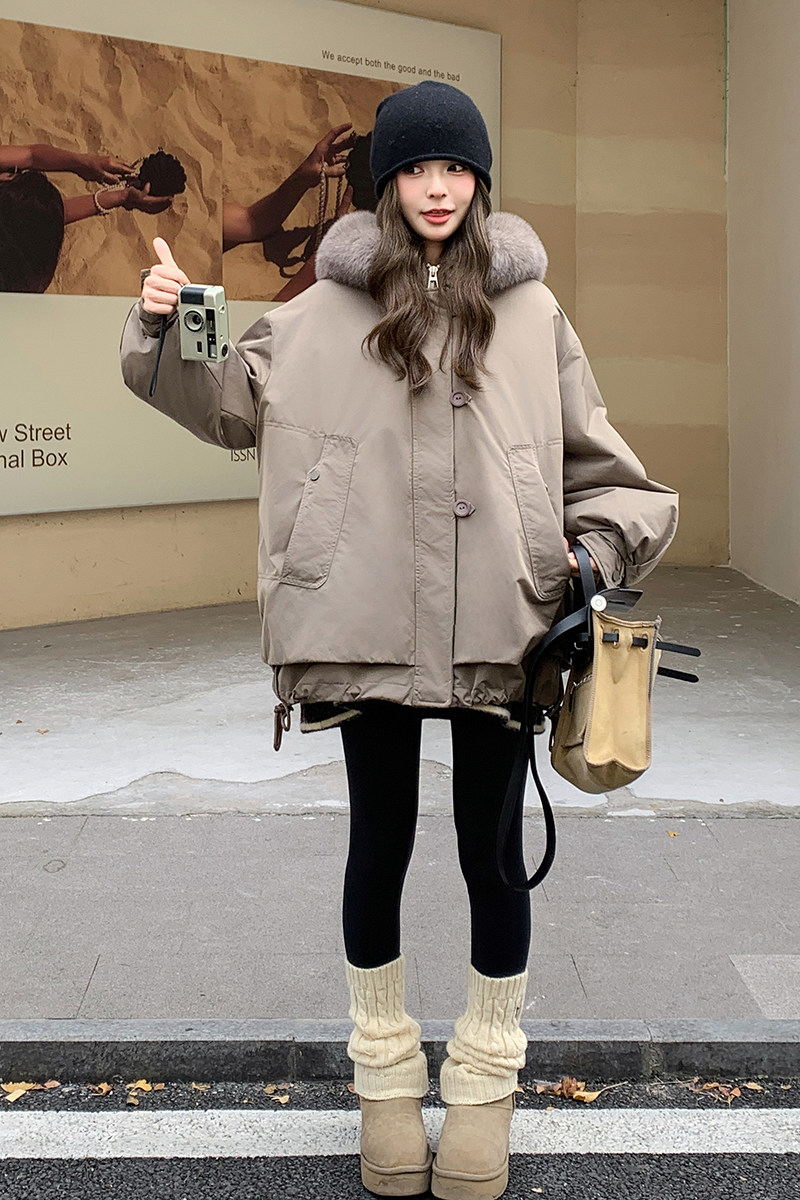 咖色大毛领工装羽绒服女2025冬季新款高级感超好看90白鸭绒派克服,女装羽绒服,2C211