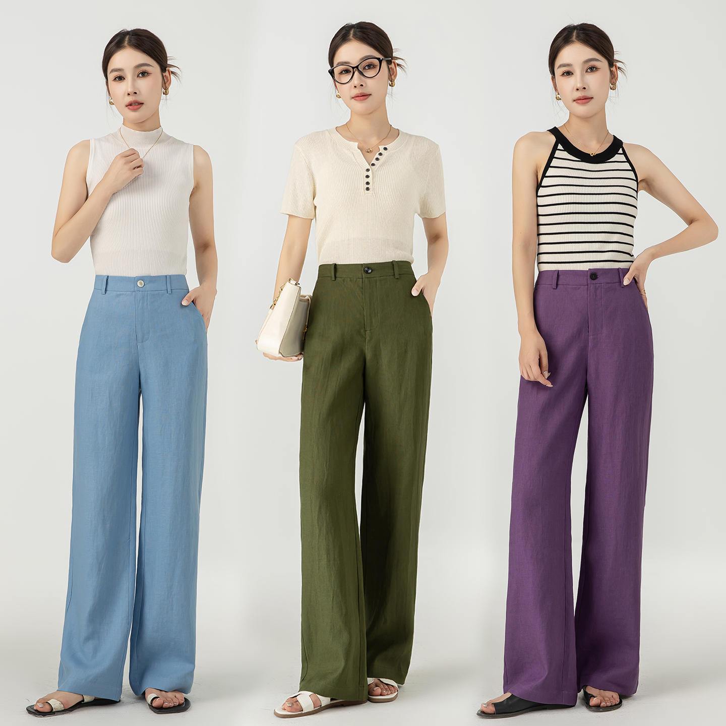 纯亚麻直筒裤简约透气休闲长裤女