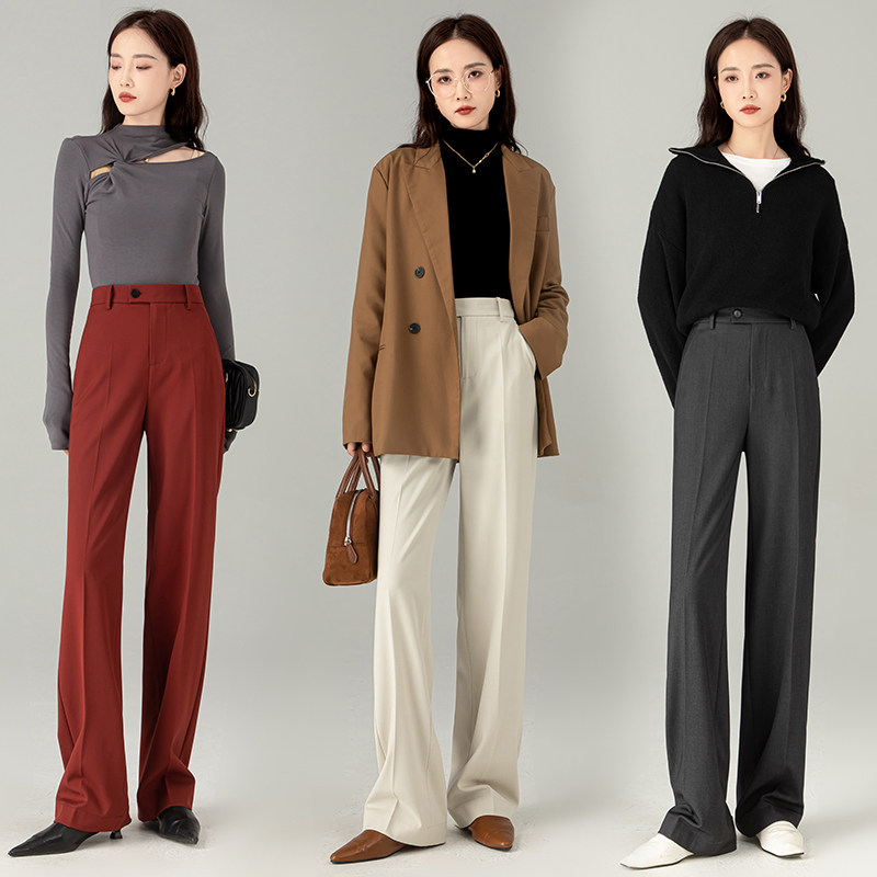 月非雪天丝羊毛西装裤女2025秋新款高腰直筒裤拖地裤窄版阔腿裤子