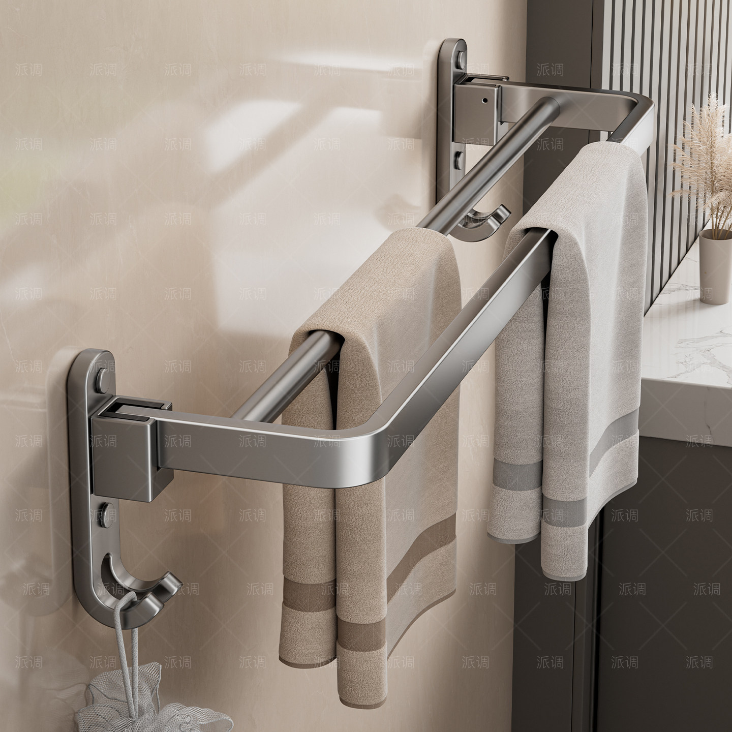 枪灰304不锈钢浴室毛巾架免打孔卫生间厕所洗漱台毛巾杆壁挂折叠