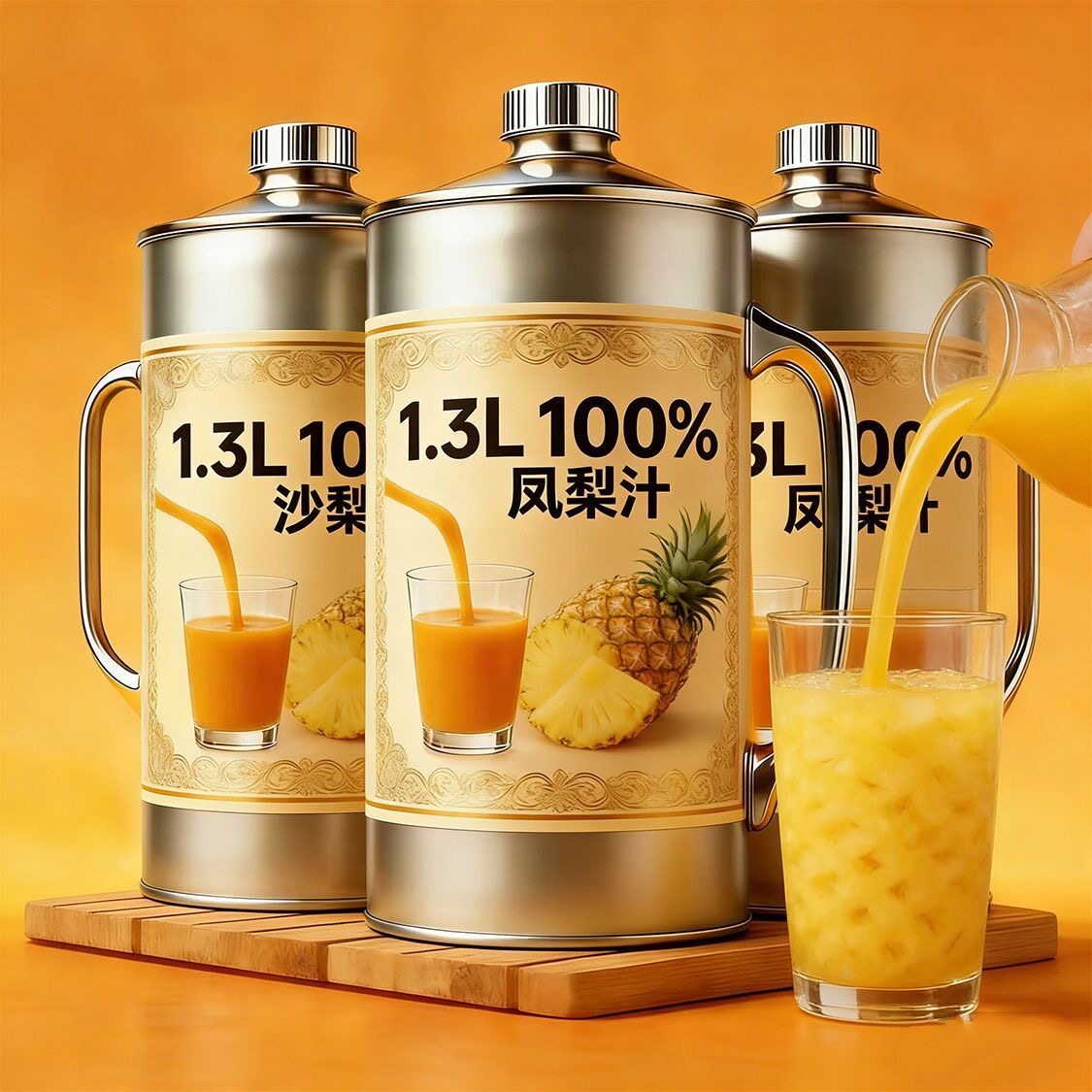 100%凤梨汁果汁饮料大瓶装1.3L*2瓶无添加剂酸甜解渴畅饮装新日期