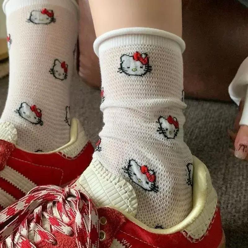 可爱卡通hello Kitty中筒堆堆袜夏季薄款网眼镂空透气蝴蝶结女袜