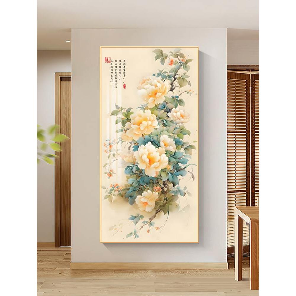 新中式牡丹花玄关装饰画花开富贵客厅入户门壁画花鸟走廊过道挂画
