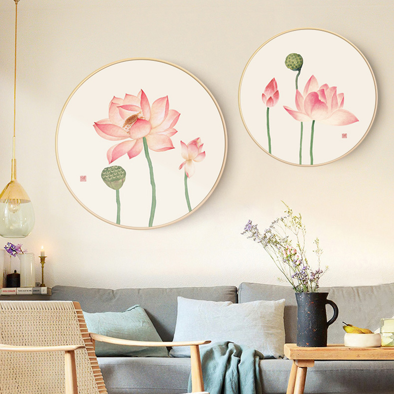 荷花图新中式客厅装饰画原木风圆形莲花走廊餐厅玄关卧室国画挂画